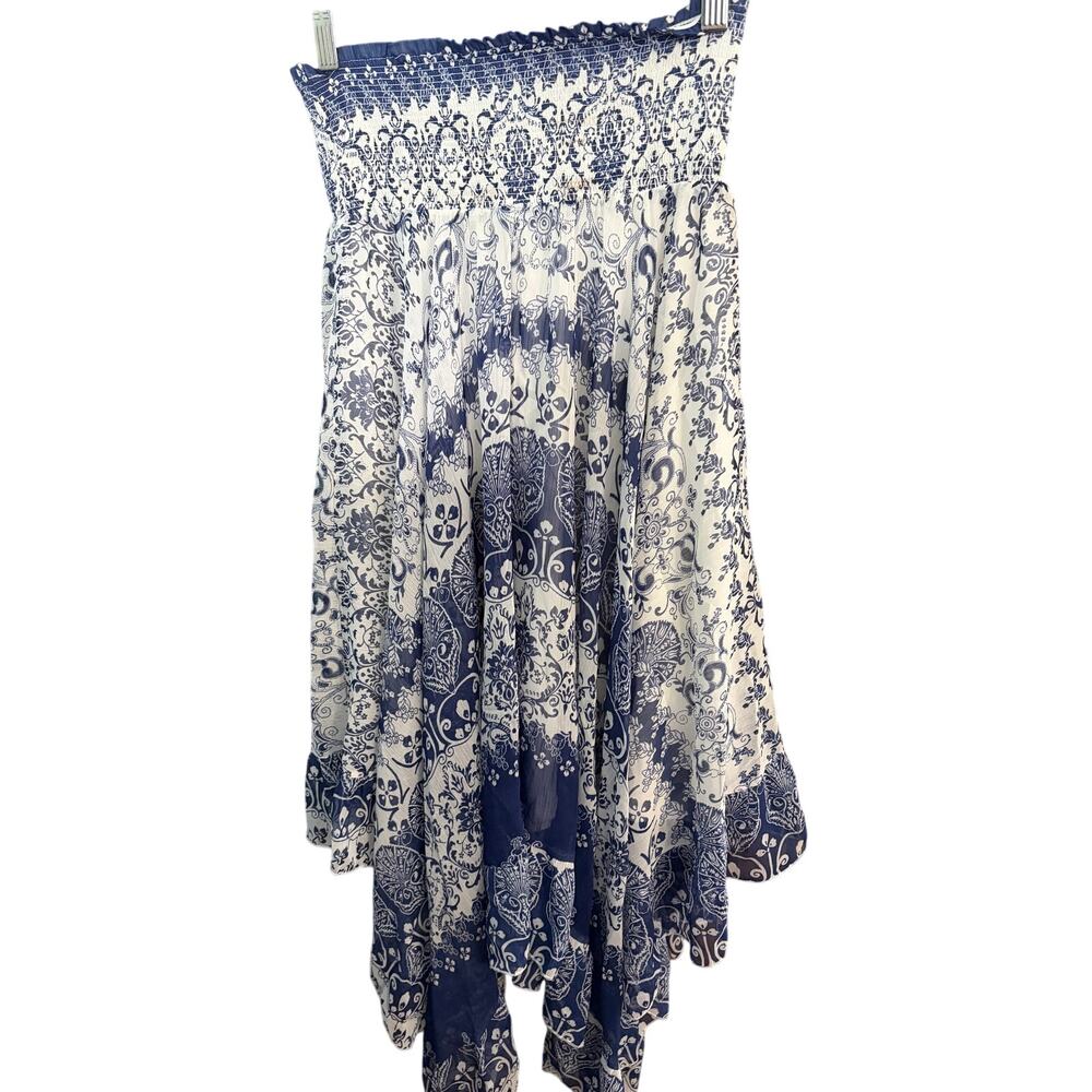 Lapis Blue White Paisley Handkerchief Hem Maxi Skirt Boho Peasant Festival L